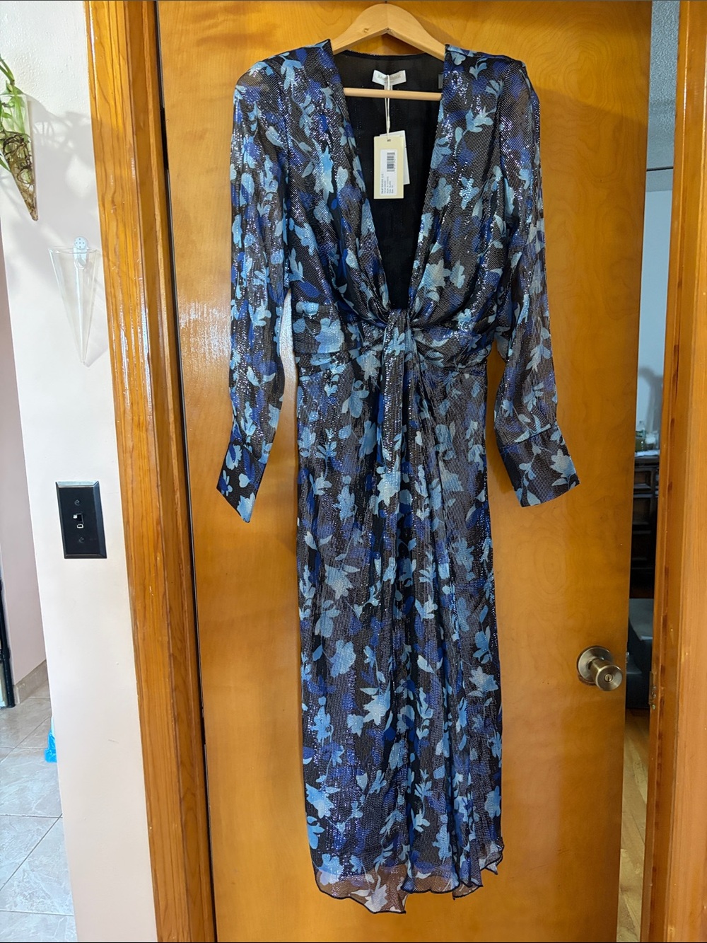 Women’s Blue Floral Tie-Waist Midi Dress